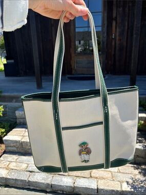 Polo Ralph Lauren Fall Bear Tote Cream Canvas with Green Trim Embroidered
